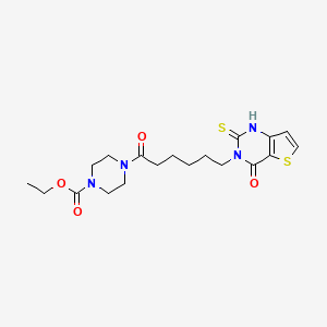 molecular formula C19H26N4O4S2 B1229270 4-[1-oxo-6-(4-oxo-2-sulfanylidene-1H-thieno[3,2-d]pyrimidin-3-yl)hexyl]-1-piperazinecarboxylic acid ethyl ester 