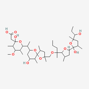 molecular formula C43H76O13 B12293590 2-[2-Hydroxy-6-[1-[7-hydroxy-2-[2-[5-[2-hydroxy-5-(1-hydroxypropyl)-3,5-dimethyloxolan-2-yl]-3-methyloxolan-2-yl]pentan-2-yloxymethyl]-2,4,6-trimethyl-1,10-dioxaspiro[4.5]decan-9-yl]ethyl]-4-methoxy-3,5-dimethyloxan-2-yl]acetic acid 