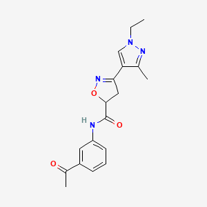 molecular formula C18H20N4O3 B1229393 N-(3-acetylphenyl)-3-(1-ethyl-3-methyl-4-pyrazolyl)-4,5-dihydroisoxazole-5-carboxamide 