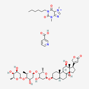 molecular formula C60H90N5O18+ B12294963 3-[(3S,5R,8R,9S,10S,12R,13S,14S,17R)-3-[(2R,4S,6S)-5-[(2S,4S,5S,6R)-5-[(2S,4S,5S,6R)-4,5-dihydroxy-6-methyloxan-2-yl]oxy-4-hydroxy-6-methyloxan-2-yl]oxy-4-hydroxy-6-methyloxan-2-yl]oxy-12,14-dihydroxy-10,13-dimethyl-1,2,3,4,5,6,7,8,9,11,12,15,16,17-tetradecahydrocyclopenta[a]phenanthren-17-yl]-2H-furan-5-one;1-hexyl-3,7-dimethyl-5H-purin-7-ium-2,6-dione;pyridine-3-carboxylic acid 
