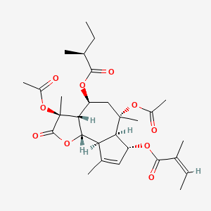 molecular formula C29H40O10 B12295085 2-Butenoic acid, 2-methyl-, (3S,3aR,4S,6S,6aR,7R,9aS,9bS)-3,6-bis(acetyloxy)-2,3,3a,4,5,6,6a,7,9a,9b-decahydro-3,6,9-trimethyl-4-[(2S)-2-methyl-1-oxobutoxy]-2-oxoazuleno[4,5-b]furan-7-yl ester, (2Z)- CAS No. 41929-11-7