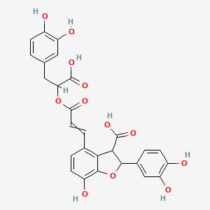 molecular formula C27H22O12 B1229567 (2S,3S)-4-[(E)-3-[(1R)-1-carboxy-2-(3,4-dihydroxyphenyl)ethoxy]-3-oxoprop-1-enyl]-2-(3,4-dihydroxyphenyl)-7-hydroxy-2,3-dihydro-1-benzofuran-3-carboxylic acid 