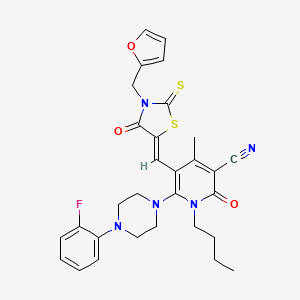 molecular formula C30H30FN5O3S2 B12298528 1-butyl-6-[4-(2-fluorophenyl)piperazin-1-yl]-5-[(Z)-[3-(furan-2-ylmethyl)-4-oxo-2-sulfanylidene-1,3-thiazolidin-5-ylidene]methyl]-4-methyl-2-oxopyridine-3-carbonitrile 