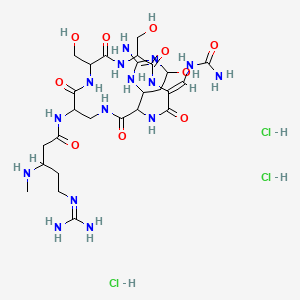 molecular formula C26H48Cl3N15O10 B1230035 N-[(6Z)-3-(2-amino-4-hydroxy-1,4,5,6-tetrahydropyrimidin-6-yl)-6-[(carbamoylamino)methylidene]-9,12-bis(hydroxymethyl)-2,5,8,11,14-pentaoxo-1,4,7,10,13-pentazacyclohexadec-15-yl]-5-(diaminomethylideneamino)-3-(methylamino)pentanamide;trihydrochloride CAS No. 61473-86-7