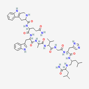 molecular formula C56H79N15O9 B1230125 N-[1-[[1-[[1-[[2-[[1-[[1-[(1-amino-4-methyl-1-oxopentan-2-yl)amino]-4-methylpentan-2-yl]amino]-3-(1H-imidazol-5-yl)-1-oxopropan-2-yl]amino]-2-oxoethyl]amino]-3-methyl-1-oxobutan-2-yl]amino]-1-oxopropan-2-yl]amino]-3-(1H-indol-3-yl)-1-oxopropan-2-yl]-2-(2,3,4,9-tetrahydro-1H-pyrido[3,4-b]indole-3-carbonylamino)pentanediamide 