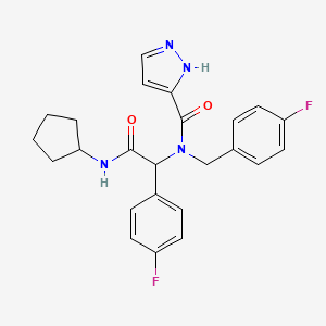 molecular formula C24H24F2N4O2 B1230140 N-[2-(cyclopentylamino)-1-(4-fluorophenyl)-2-oxoethyl]-N-[(4-fluorophenyl)methyl]-1H-pyrazole-5-carboxamide 
