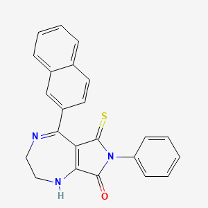 molecular formula C23H17N3OS B1230509 5-(2'-Naphthyl)-7-phenyl-(2,3,6,8-tetrahydro)pyrrolo-(3,4-e)(1,4)-diazepine-6-thioxo-8-(1H,7H)one CAS No. 96920-30-8