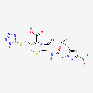 molecular formula C19H20F2N8O4S2 B1230540 7-{2-[5-CYCLOPROPYL-3-(DIFLUOROMETHYL)-1H-PYRAZOL-1-YL]ACETAMIDO}-3-{[(1-METHYL-1H-1,2,3,4-TETRAZOL-5-YL)SULFANYL]METHYL}-8-OXO-5-THIA-1-AZABICYCLO[4.2.0]OCT-2-ENE-2-CARBOXYLIC ACID 