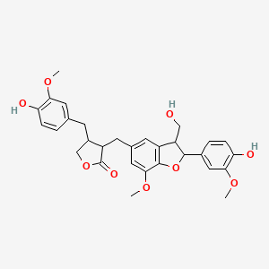 molecular formula C30H32O9 B12306375 3-[[2-(4-Hydroxy-3-methoxyphenyl)-3-(hydroxymethyl)-7-methoxy-2,3-dihydro-1-benzofuran-5-yl]methyl]-4-[(4-hydroxy-3-methoxyphenyl)methyl]oxolan-2-one 