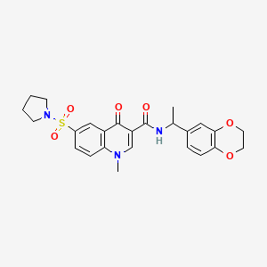 molecular formula C25H27N3O6S B1230707 N-[1-(2,3-dihydro-1,4-benzodioxin-6-yl)ethyl]-1-methyl-4-oxo-6-(pyrrolidin-1-ylsulfonyl)-1,4-dihydroquinoline-3-carboxamide 