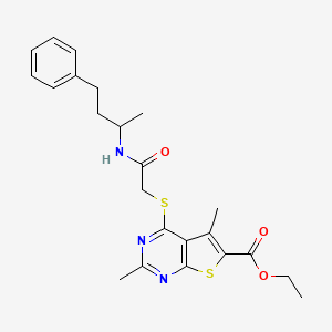 molecular formula C23H27N3O3S2 B1231001 2,5-Dimethyl-4-[[2-oxo-2-(4-phenylbutan-2-ylamino)ethyl]thio]-6-thieno[2,3-d]pyrimidinecarboxylic acid ethyl ester 