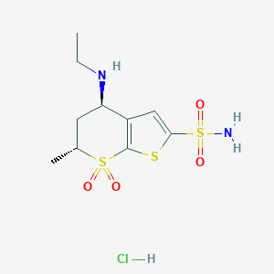 molecular formula C10H17ClN2O4S3 B123170 (4R,6R)-4-(Ethylamino)-6-methyl-7,7-dioxo-5,6-dihydro-4H-thieno[2,3-b]thiopyran-2-sulfonamide;hydrochloride CAS No. 122028-36-8