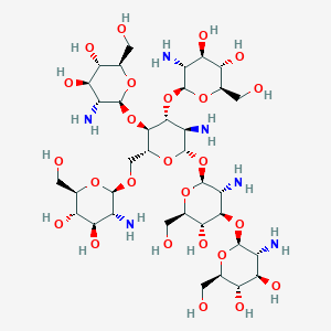 molecular formula C36H68N6O25 B1231835 (2R,3S,4R,5R,6R)-5-amino-6-[[(2R,3S,4R,5R,6S)-5-amino-6-[(2S,3R,4R,5S,6R)-3-amino-4-[(2S,3R,4R,5S,6R)-3-amino-4,5-dihydroxy-6-(hydroxymethyl)oxan-2-yl]oxy-5-hydroxy-6-(hydroxymethyl)oxan-2-yl]oxy-3,4-bis[[(2S,3R,4R,5S,6R)-3-amino-4,5-dihydroxy-6-(hydroxymethyl)oxan-2-yl]oxy]oxan-2-yl]methoxy]-2-(hydroxymethyl)oxane-3,4-diol CAS No. 6734-92-5