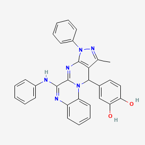 molecular formula C31H24N6O2 B1231885 4-(10-Methyl-8-phenyl-6-phenylamino-8,11-dihydro-5,7,8,9,11a-pentaaza-cyclopenta[b]phenanthren-11-yl)-benzene-1,2-diol 