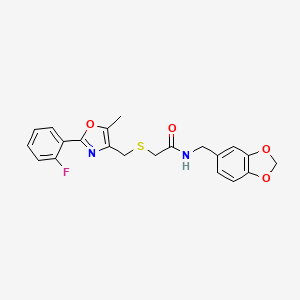 molecular formula C21H19FN2O4S B1231921 N-(1,3-benzodioxol-5-ylmethyl)-2-[[2-(2-fluorophenyl)-5-methyl-4-oxazolyl]methylthio]acetamide 