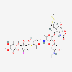 molecular formula C55H74IN3O21S4 B1231949 S-[6-[[5-[5-(ethylamino)-4-methoxyoxan-2-yl]oxy-4-hydroxy-6-[[9-hydroxy-12-(methoxycarbonylamino)-13-[2-(methyltrisulfanyl)ethylidene]-11-oxo-2-bicyclo[7.3.1]trideca-1(12),5-dien-3,7-diynyl]oxy]-2-methyloxan-3-yl]amino]oxy-4-hydroxy-2-methyloxan-3-yl] 4-(3,5-dihydroxy-4-methoxy-6-methyloxan-2-yl)oxy-5-iodo-2,3-dimethoxy-6-methylbenzenecarbothioate 