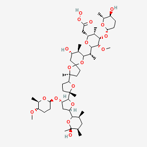 molecular formula C51H86O18 B1232021 2-[(2R,3S,4S,5R)-6-[(1R)-1-[(2S,7S,8R)-7-Hydroxy-2-[(5S)-5-[(3S,5R)-5-[(3S,5R,6S)-6-hydroxy-3,5,6-trimethyloxan-2-yl]-3-[(2S,5S,6R)-5-methoxy-6-methyloxan-2-yl]oxyoxolan-2-yl]-5-methyloxolan-2-yl]-2,8-dimethyl-1,10-dioxaspiro[4.5]decan-9-yl]ethyl]-4-[(2S,5S,6R)-5-hydroxy-6-methyloxan-2-yl]oxy-5-methoxy-3-methyloxan-2-yl]ethaneperoxoic acid CAS No. 135215-73-5
