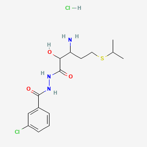 molecular formula C15H23Cl2N3O3S B12320306 N'-(3-amino-2-hydroxy-5-propan-2-ylsulfanylpentanoyl)-3-chlorobenzohydrazide;hydrochloride 