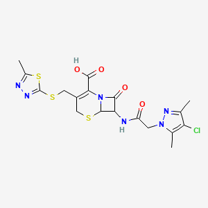 molecular formula C18H19ClN6O4S3 B1232106 7-[[2-(4-Chloro-3,5-dimethylpyrazol-1-yl)acetyl]amino]-3-[(5-methyl-1,3,4-thiadiazol-2-yl)sulfanylmethyl]-8-oxo-5-thia-1-azabicyclo[4.2.0]oct-2-ene-2-carboxylic acid 