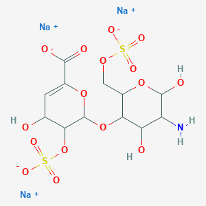 molecular formula C12H16NNa3O16S2 B12321764 trisodium;2-[5-amino-4,6-dihydroxy-2-(sulfonatooxymethyl)oxan-3-yl]oxy-4-hydroxy-3-sulfonatooxy-3,4-dihydro-2H-pyran-6-carboxylate 