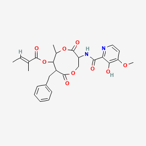 molecular formula C27H30N2O9 B1232265 8-benzyl-3-[(3-hydroxy-4-methoxypyridine-2-carbonyl)amino]-6-methyl-4,9-dioxo-1,5-dioxonan-7-yl (2E)-2-methylbut-2-enoate 