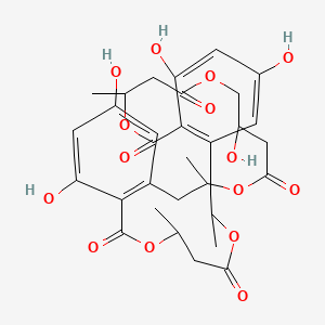 molecular formula C32H38O15 B12324904 5H,7H,16H,24H-Dibenzo[m,w][1,5,10,16,20]pentaoxacyclopentacosin-5,9,14,22,26(8H,11H,17H,25H)-pentone, 12,13,28,29-tetrahydro-2,4,12,19,21-pentahydroxy-7,16,24,28-tetramethyl-, (7R,12S,16R,24R,28R)- 