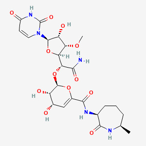 molecular formula C24H33N5O12 B1232538 (2S,3S,4S)-2-[(1R)-2-amino-1-[(2S,3S,4R,5R)-5-(2,4-dioxopyrimidin-1-yl)-4-hydroxy-3-methoxyoxolan-2-yl]-2-oxoethoxy]-3,4-dihydroxy-N-[(3S,7R)-7-methyl-2-oxoazepan-3-yl]-3,4-dihydro-2H-pyran-6-carboxamide CAS No. 254449-20-2