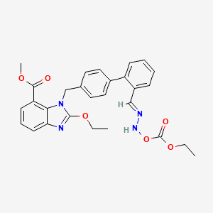 molecular formula C28H28N4O6 B12326133 Methyl 2-ethoxy-1-((2'-((2-((ethoxycarbonyl)oxy)hydrazono)methyl)-[1,1'-biphenyl]-4-yl)methyl)-1H-benzo[d]imidazole-7-carboxylate 