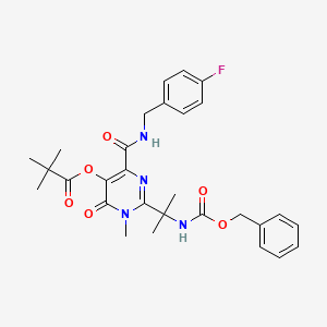 molecular formula C29H33FN4O6 B12326273 Propanoic acid, 2,2-dimethyl-, 4-[[[(4-fluorophenyl)methyl]amino]carbonyl]-1,6-dihydro-1-methyl-2-[1-methyl-1-[[(phenylmethoxy)carbonyl]amino]ethyl]-6-oxo-5-pyrimidinyl ester 