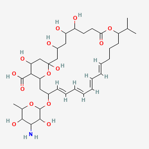 molecular formula C37H59NO14 B1233298 (15E,17E,19E,21E)-23-(4-amino-3,5-dihydroxy-6-methyloxan-2-yl)oxy-1,3,5,6,27-pentahydroxy-9-oxo-11-propan-2-yl-10,29-dioxabicyclo[23.3.1]nonacosa-15,17,19,21-tetraene-26-carboxylic acid 
