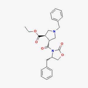 molecular formula C25H28N2O5 B12334770 3-Pyrrolidinecarboxylic acid, 4-[[(4S)-2-oxo-4-(phenylmethyl)-3-oxazolidinyl]carbonyl]-1-(phenylmethyl)-, ethyl ester, (3R,4R)- CAS No. 289712-31-8