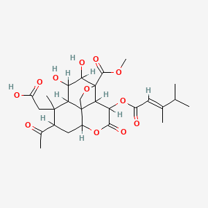molecular formula C27H36O12 B1233594 2-[8-Acetyl-3-[(E)-3,4-dimethylpent-2-enoyl]oxy-11,12-dihydroxy-13-methoxycarbonyl-9-methyl-4-oxo-5,14-dioxatetracyclo[8.5.0.01,6.02,13]pentadecan-9-yl]acetic acid CAS No. 53663-07-3