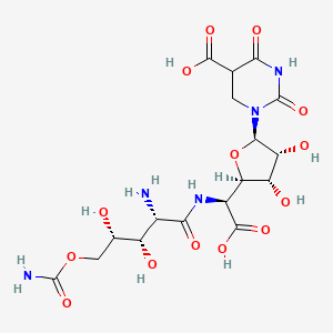 molecular formula C17H25N5O14 B12336437 1-[(2R,3R,4S,5R)-5-[(S)-[[(2S,3S,4S)-2-amino-5-carbamoyloxy-3,4-dihydroxypentanoyl]amino]-carboxymethyl]-3,4-dihydroxyoxolan-2-yl]-2,4-dioxo-1,3-diazinane-5-carboxylic acid 
