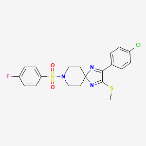 molecular formula C20H19ClFN3O2S2 B12342091 2-(4-Chlorophenyl)-8-(4-fluorobenzenesulfonyl)-3-(methylsulfanyl)-1,4,8-triazaspiro[4.5]deca-1,3-diene 