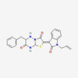 molecular formula C23H20N4O3S B12342340 6-benzyl-2-[(3Z)-2-oxo-1-(prop-2-en-1-yl)-2,3-dihydro-1H-indol-3-ylidene]-2H,3H,7H-[1,3]thiazolo[3,2-b][1,2,4]triazine-3,7-dione 