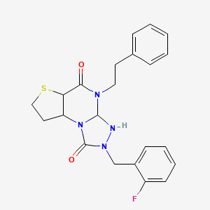 molecular formula C22H23FN4O2S B12343335 11-[(2-Fluorophenyl)methyl]-8-(2-phenylethyl)-5-thia-1,8,10,11-tetraazatricyclo[7.3.0.0^{2,6}]dodeca-2(6),3,9-triene-7,12-dione 