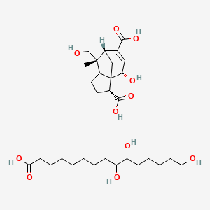 molecular formula C30H50O11 B1234943 (2R,6S,7R,10S)-10-hydroxy-6-(hydroxymethyl)-6-methyltricyclo[5.3.1.01,5]undec-8-ene-2,8-dicarboxylic acid;9,10,15-trihydroxypentadecanoic acid CAS No. 9000-59-3