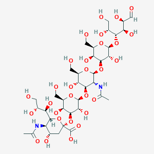 molecular formula C37H62N2O29 B12350093 (2S,4S,5R)-5-acetamido-2-[(2R,3R,4S,5S,6R)-2-[(2S,3R,5S,6R)-3-acetamido-2-[(2R,3S,5R,6S)-3,5-dihydroxy-2-(hydroxymethyl)-6-[(2R,3R,4R,5R)-1,2,4,5-tetrahydroxy-6-oxohexan-3-yl]oxyoxan-4-yl]oxy-5-hydroxy-6-(hydroxymethyl)oxan-4-yl]oxy-3,5-dihydroxy-6-(hydroxymethyl)oxan-4-yl]oxy-4-hydroxy-6-[(1R,2R)-1,2,3-trihydroxypropyl]oxane-2-carboxylic acid CAS No. 64003-53-8