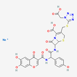 Sodium;3-[[1-(carboxymethyl)tetrazol-5-yl]sulfanylmethyl]-7-[[2-[(6,7-dihydroxy-4-oxochromene-3-carbonyl)amino]-2-(4-hydroxyphenyl)acetyl]amino]-8-oxo-5-thia-1-azabicyclo[4.2.0]oct-2-ene-2-carboxylic acid