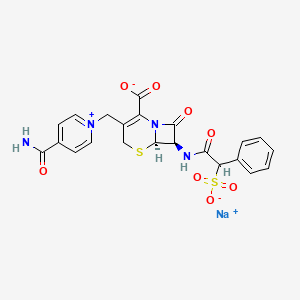 molecular formula C22H19N4NaO8S2 B1235392 sodium;(6R,7R)-3-[(4-carbamoylpyridin-1-ium-1-yl)methyl]-8-oxo-7-[(2-phenyl-2-sulfonatoacetyl)amino]-5-thia-1-azabicyclo[4.2.0]oct-2-ene-2-carboxylate 