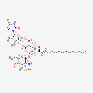 molecular formula C38H62N4O16 B1235421 (E)-N-[2-[3-acetamido-4,5-dihydroxy-6-(hydroxymethyl)oxan-2-yl]oxy-6-[2-[5-(2,4-dioxopyrimidin-1-yl)-3,4-dihydroxyoxolan-2-yl]-2-hydroxyethyl]-4,5-dihydroxyoxan-3-yl]pentadec-2-enamide CAS No. 73942-09-3