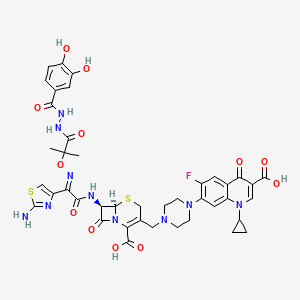 molecular formula C41H41FN10O12S2 B1235677 (6R,7R)-7-[[(2E)-2-(2-amino-1,3-thiazol-4-yl)-2-[1-[2-(3,4-dihydroxybenzoyl)hydrazinyl]-2-methyl-1-oxopropan-2-yl]oxyiminoacetyl]amino]-3-[[4-(3-carboxy-1-cyclopropyl-6-fluoro-4-oxoquinolin-7-yl)piperazin-1-yl]methyl]-8-oxo-5-thia-1-azabicyclo[4.2.0]oct-2-ene-2-carboxylic acid 