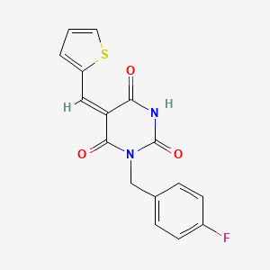 molecular formula C16H11FN2O3S B1235710 (5E)-1-[(4-fluorophenyl)methyl]-5-(thiophen-2-ylmethylidene)-1,3-diazinane-2,4,6-trione 