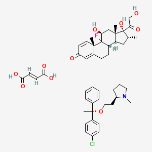 molecular formula C47H59ClFNO10 B1236220 (E)-But-2-enedioic acid;(2R)-2-[2-[(1R)-1-(4-chlorophenyl)-1-phenylethoxy]ethyl]-1-methylpyrrolidine;(8S,10S,11S,13S,14S,16R,17R)-9-fluoro-11,17-dihydroxy-17-(2-hydroxyacetyl)-10,13,16-trimethyl-6,7,8,11,12,14,15,16-octahydrocyclopenta[a]phenanthren-3-one CAS No. 76207-52-8