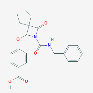molecular formula C22H24N2O5 B123643 4-((4-Carboxyphenyl)oxy)-3,3-diethyl-1-(((phenylmethyl)amino)carbonyl)-2-azetidinone CAS No. 143818-53-5