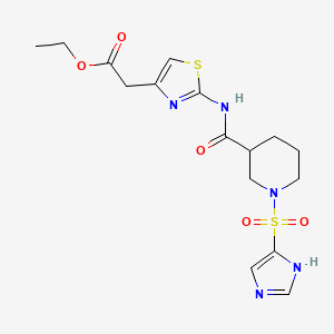 molecular formula C16H21N5O5S2 B1236503 2-[2-[[[1-(1H-imidazol-5-ylsulfonyl)-3-piperidinyl]-oxomethyl]amino]-4-thiazolyl]acetic acid ethyl ester 