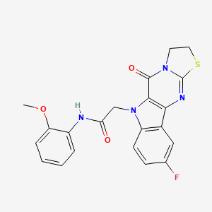 molecular formula C21H17FN4O3S B1236827 2-(6-Fluoro-10-oxo-1,2-dihydro-10H-3-thia-4,9,10a-triaza-cyclopenta[b]fluoren-9-yl)-N-(2-methoxy-phenyl)-acetamide 