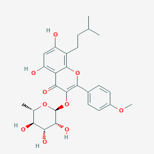 molecular formula C27H32O10 B1237493 5,7-Dihydroxy-2-(4-methoxyphenyl)-8-(3-methylbutyl)-4-oxo-4H-chromen-3-YL 6-deoxy-alpha-L-mannopyranoside 