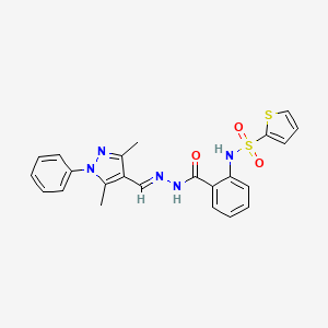 molecular formula C23H21N5O3S2 B1237593 N-[(E)-(3,5-dimethyl-1-phenylpyrazol-4-yl)methylideneamino]-2-(thiophen-2-ylsulfonylamino)benzamide 