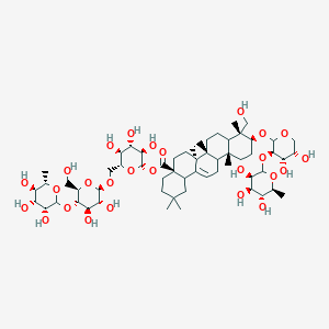 molecular formula C59H96O26 B1237666 [(2S,3R,4S,5S,6R)-6-[[(2R,3R,4R,5S,6R)-3,4-dihydroxy-6-(hydroxymethyl)-5-[(3R,4R,5R,6S)-3,4,5-trihydroxy-6-methyloxan-2-yl]oxyoxan-2-yl]oxymethyl]-3,4,5-trihydroxyoxan-2-yl] (4aS,6aS,6bR,9R,10S,12aR)-10-[(3R,4S,5S)-4,5-dihydroxy-3-[(3R,4R,5R,6S)-3,4,5-trihydroxy-6-methyloxan-2-yl]oxyoxan-2-yl]oxy-9-(hydroxymethyl)-2,2,6a,6b,9,12a-hexamethyl-1,3,4,5,6,6a,7,8,8a,10,11,12,13,14b-tetradecahydropicene-4a-carboxylate 